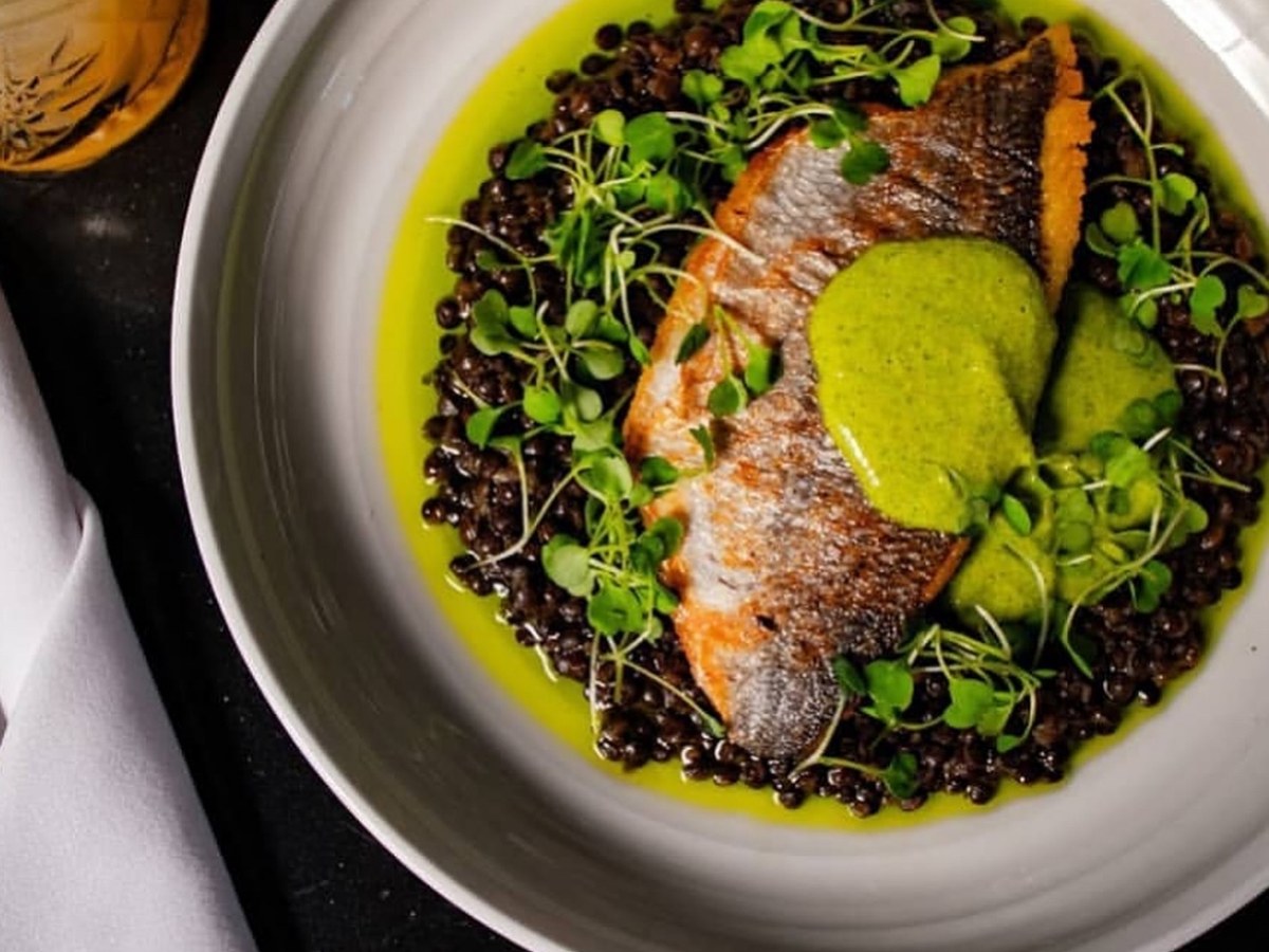 Fish · black lentils · herb sauce